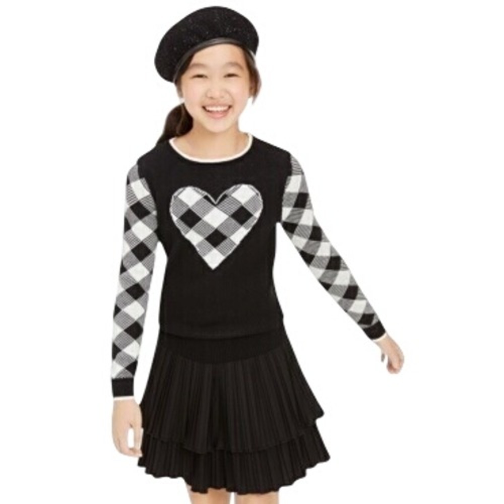 476. Charter Club Girls Graphic Long Sleeve Pullover Sweater Black-Ivory XL